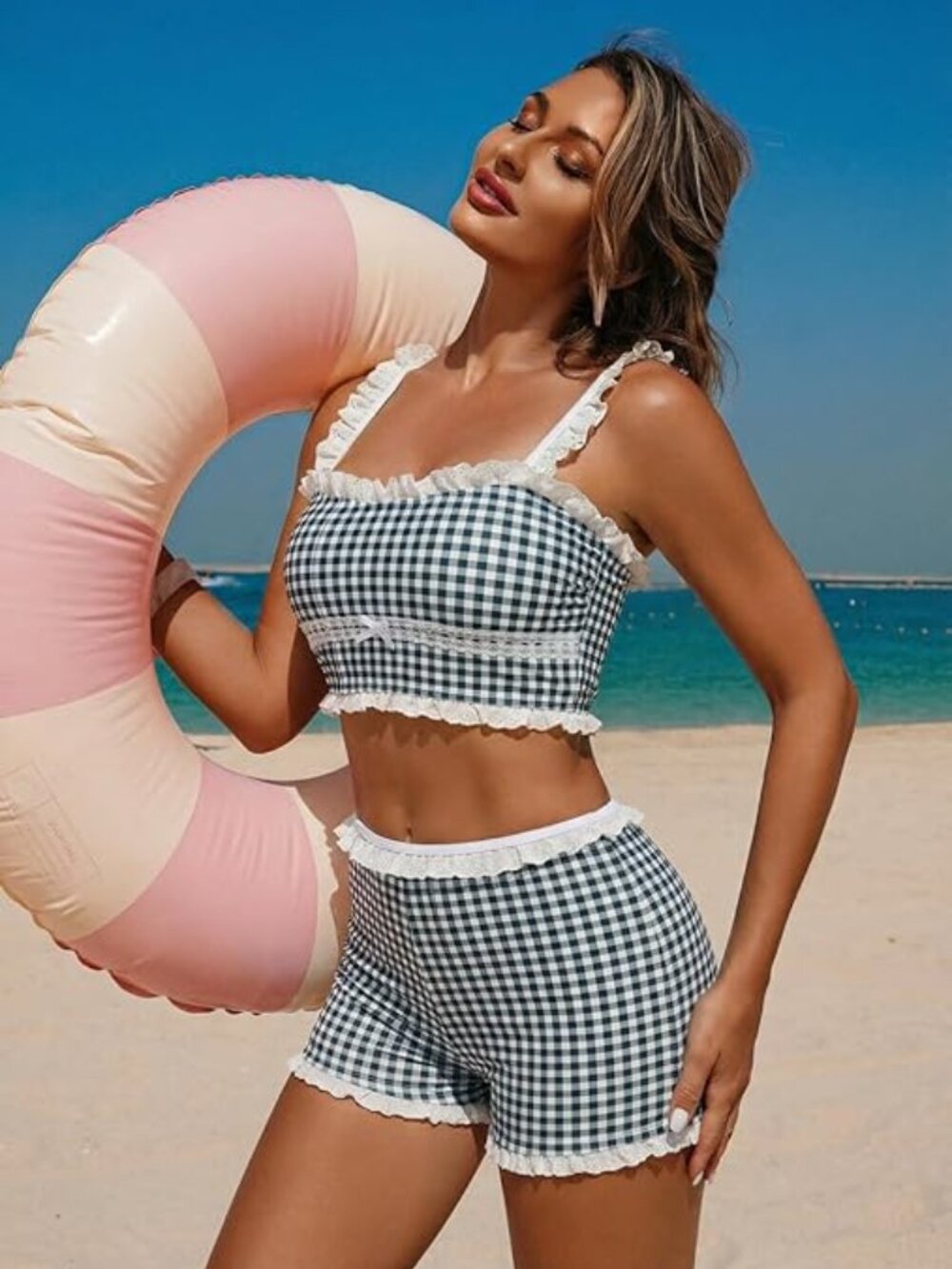 Womens High Waisted Bikini Sets 2 Piece Plaid Ruffle Swimsuits Back Strap Top